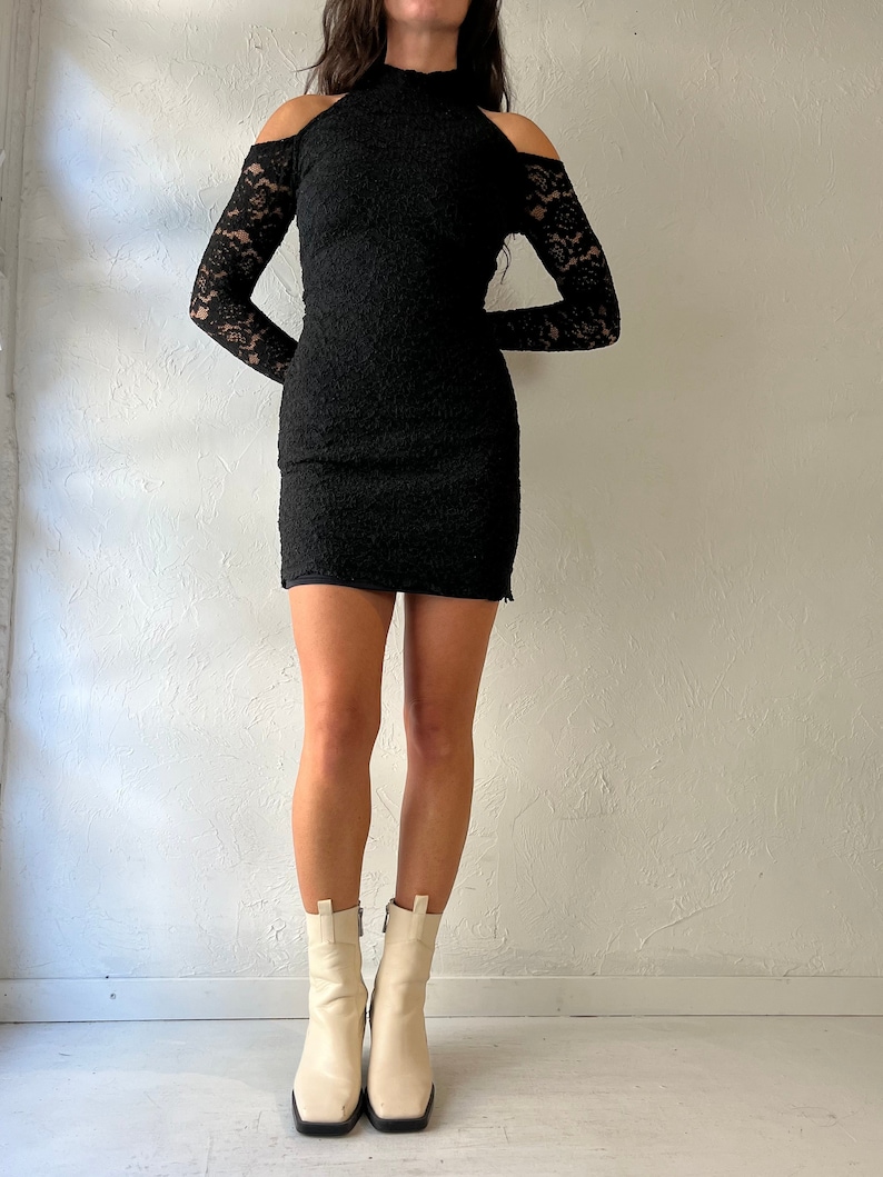 90s 'Smartset' Black Off The Shoulder Lace Mini Dress / Small