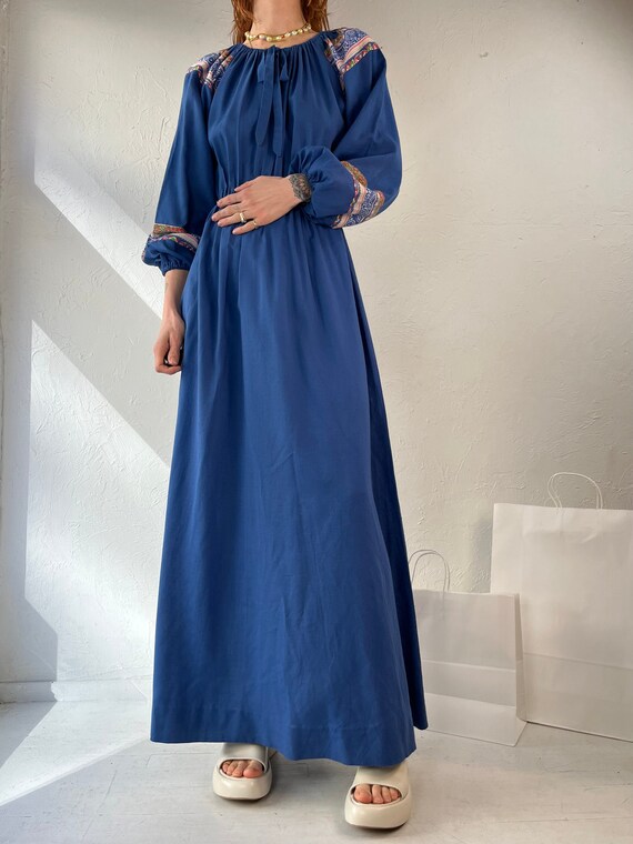 70s 80s 'French Fact' Blue Hippie Dress / Medium - image 2