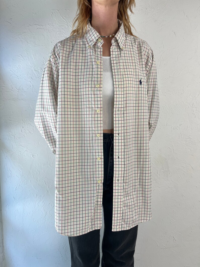 Y2k 'Ralph Lauren' White Check Button Up Mens Dress Shirt / Large