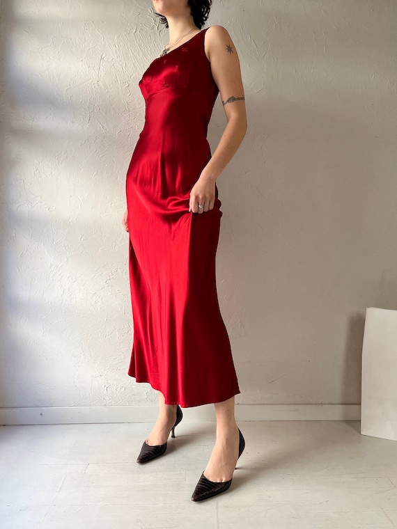 90s 'Rampage' Red Silky Evening Dress / Small - image 8