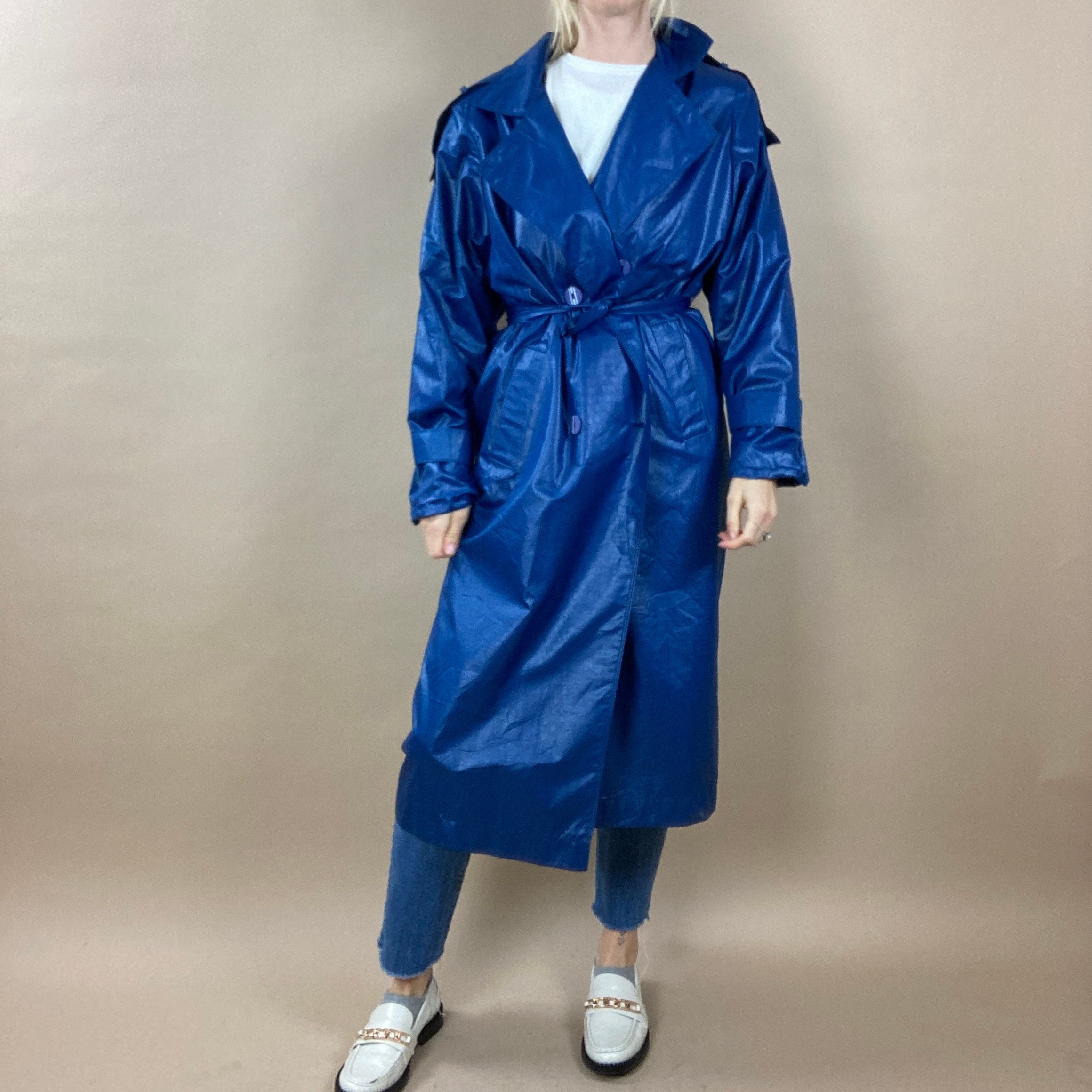 Blue satin trench coat sale
