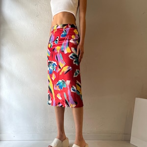 80s ‘Vivian’ Red Patterned High Waisted Midi Skirt / Small