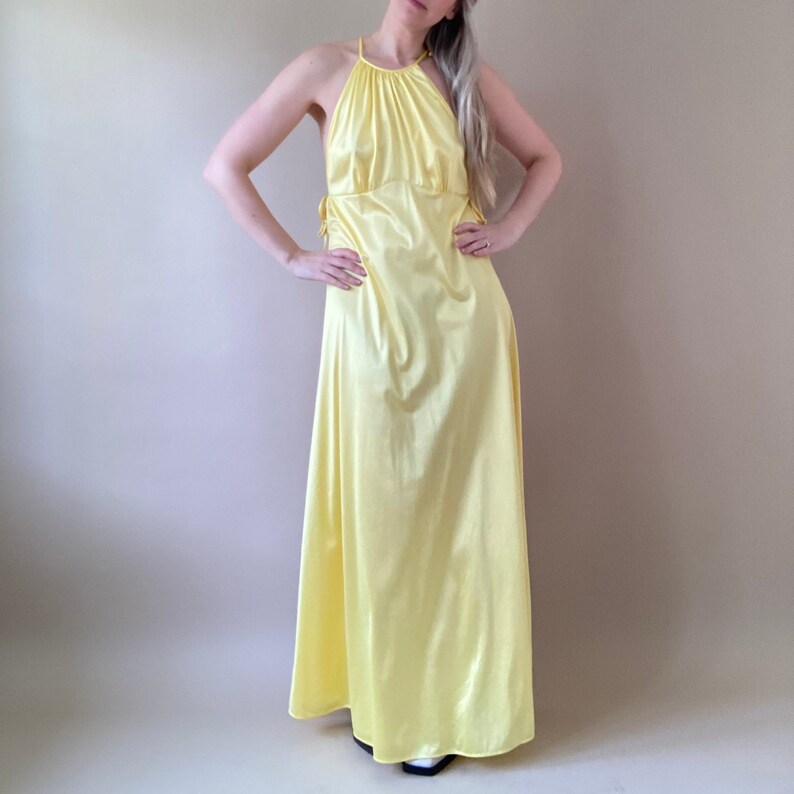 70s Yellow Nylon Night Dress Evening Dress Small Large