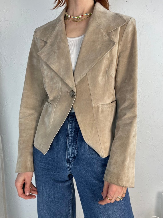 Y2K 'Anne Klein' Beige Suede Leather Blazer Jacke… - image 3