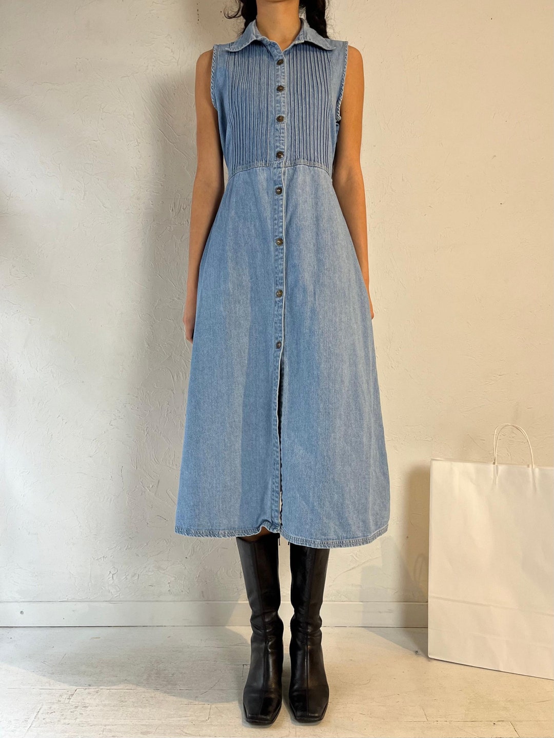 90s Denim Button Front Midi Dress Charcoal - S