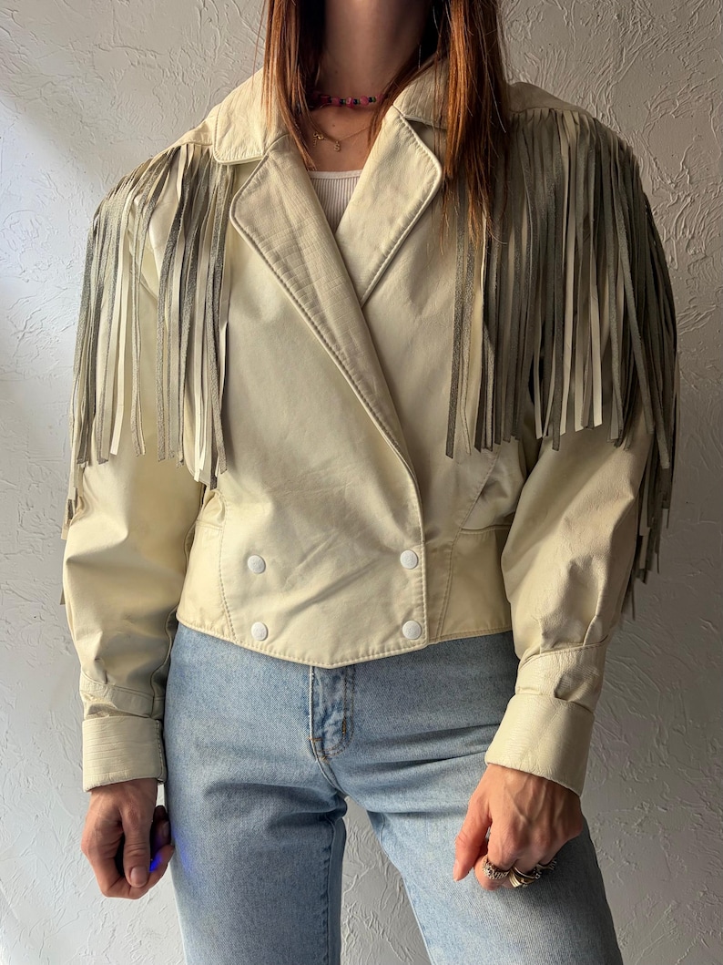90s 'The Leather Ranch' White Leather Fringe Western Bomber Jacket / Vintage 1990s Retro Cowgirl Cropped Jacket / Small