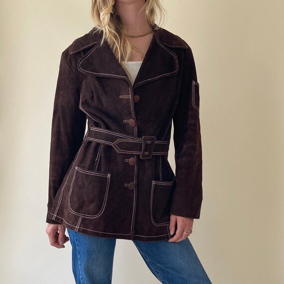 70s Brown Suede Leather Coat // Blazer Style Jacke