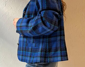 80s 'pendleton' Blue Plaid Knit Wool Jacket / Large - Etsy