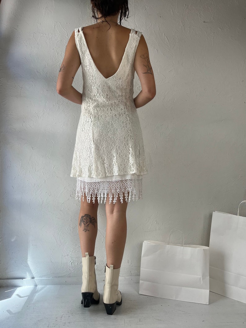 90s White Lacey Sleeveless Mini Dress / Medium