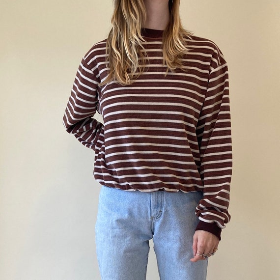 90s Brown Striped Velour Pullover Sweater // Sweat