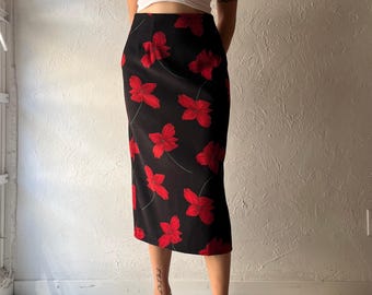 90s 'Briggs' Black Floral Minimalist Office Dark Academia Pencil Midi Skirt / Small