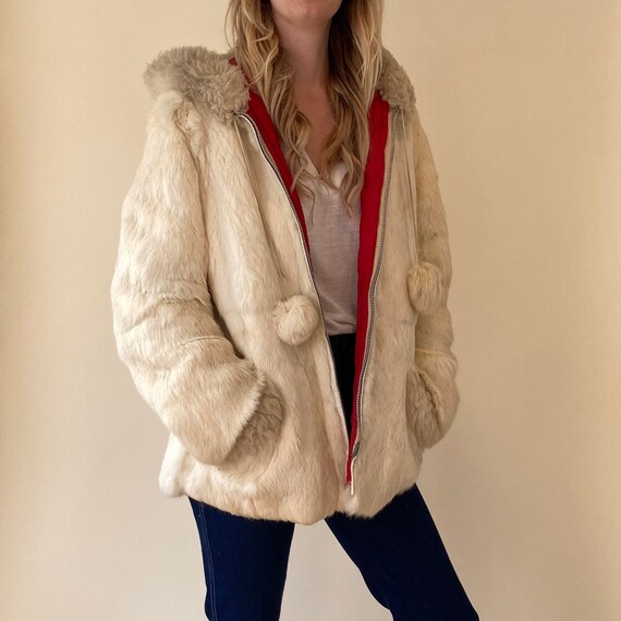 90s White Authentic Hooded Fur Jacket // Vintage L