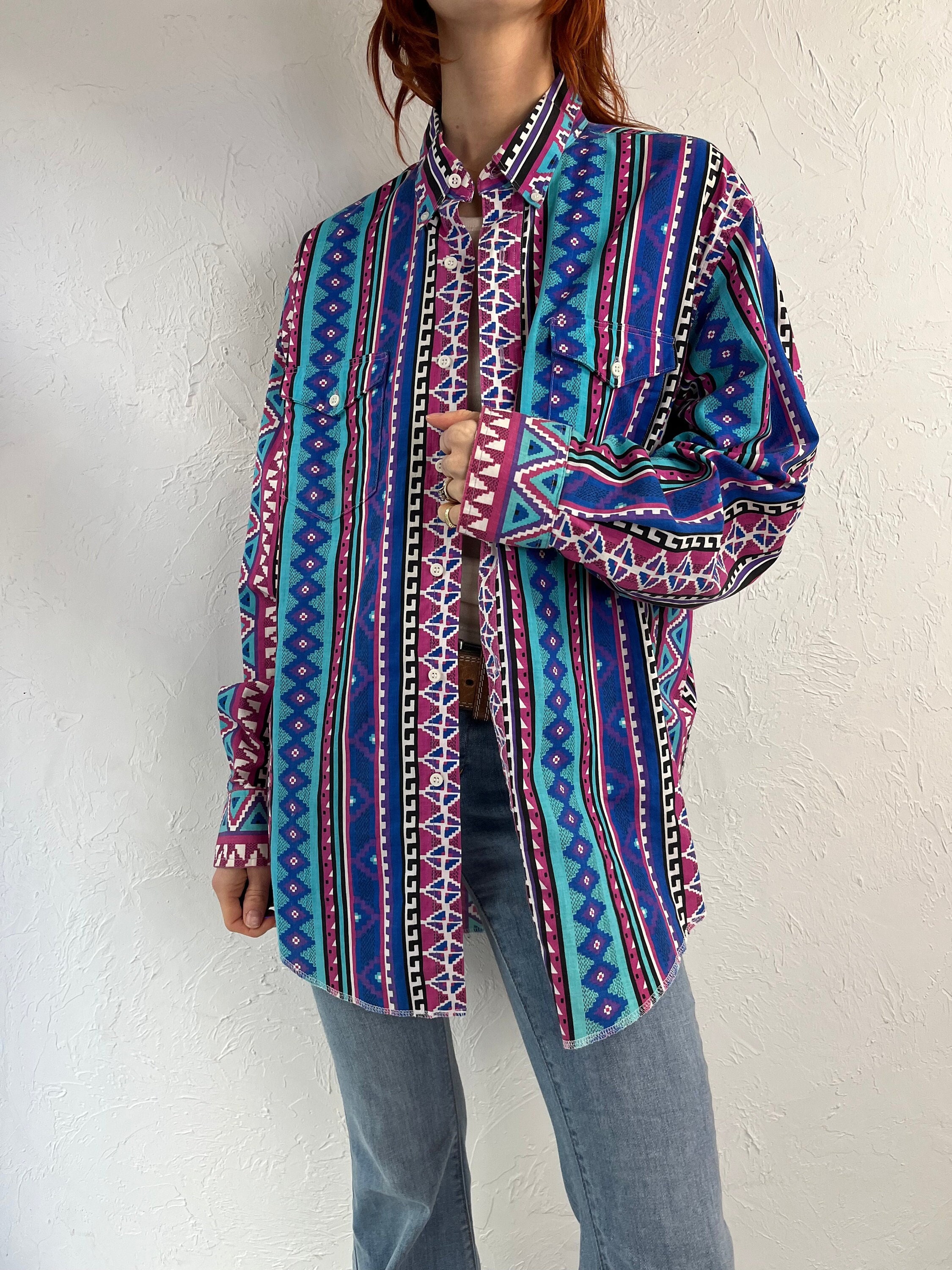 80s 90s 'wrangler' Aztec Print Western Cotton Button - Etsy