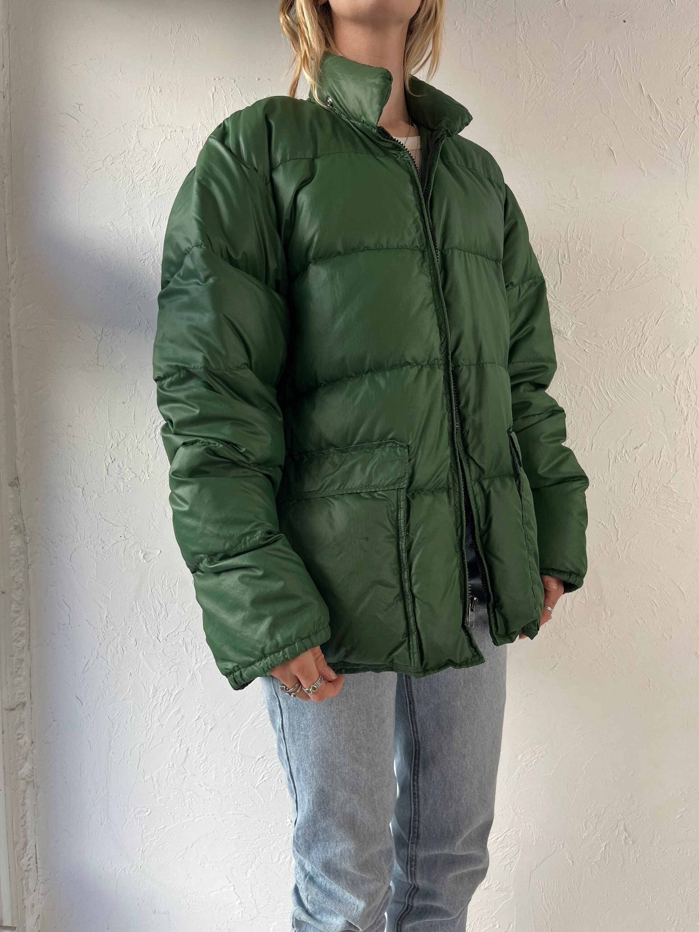 90s Green Nylon Goose Down Puffer Jacket / Large
