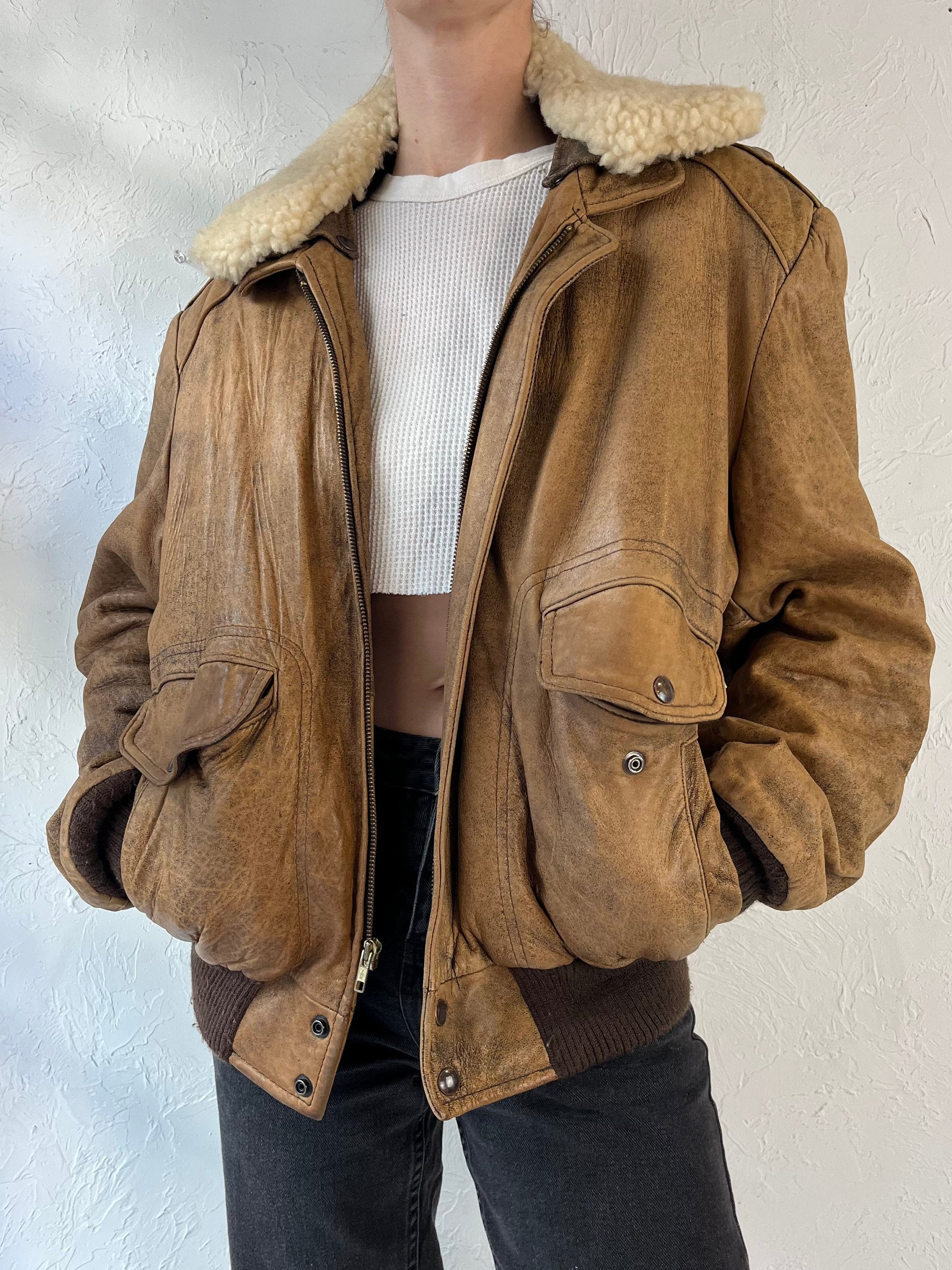 Y2k 'reed' Brown Leather Flight Jacket / Medium - Etsy