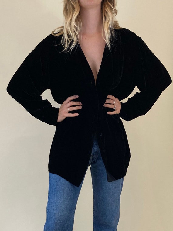 90s Black Velvet Button Up Shirt // Gypsy Crushed