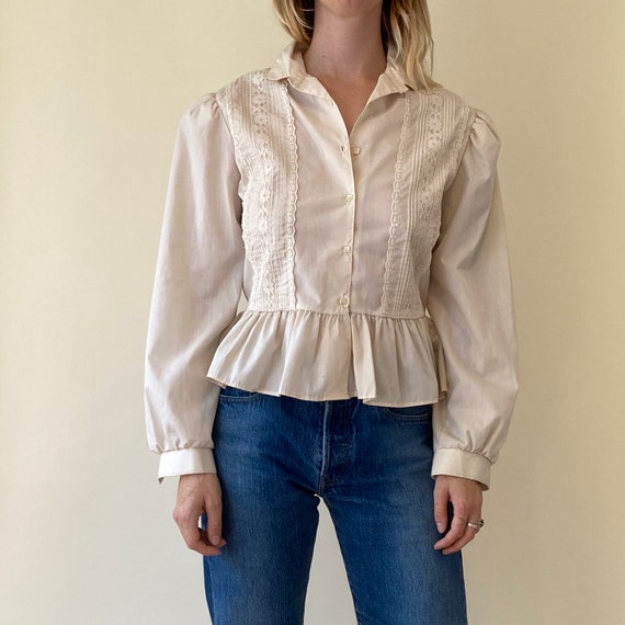 70s White Peasant Ruffle Blouse // Lace Folk Top /