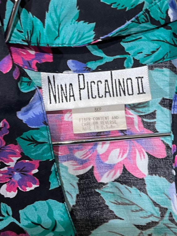 90s 'Nina Piccalino' Black Floral Print Rayon Dre… - image 5