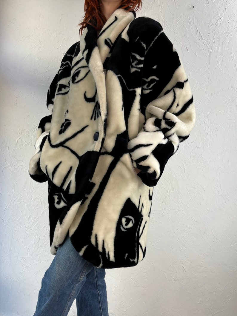 80s 'Donny Brook' Faux Fur Art Deco Picasso Black and White Faces Coat / One Size image 1