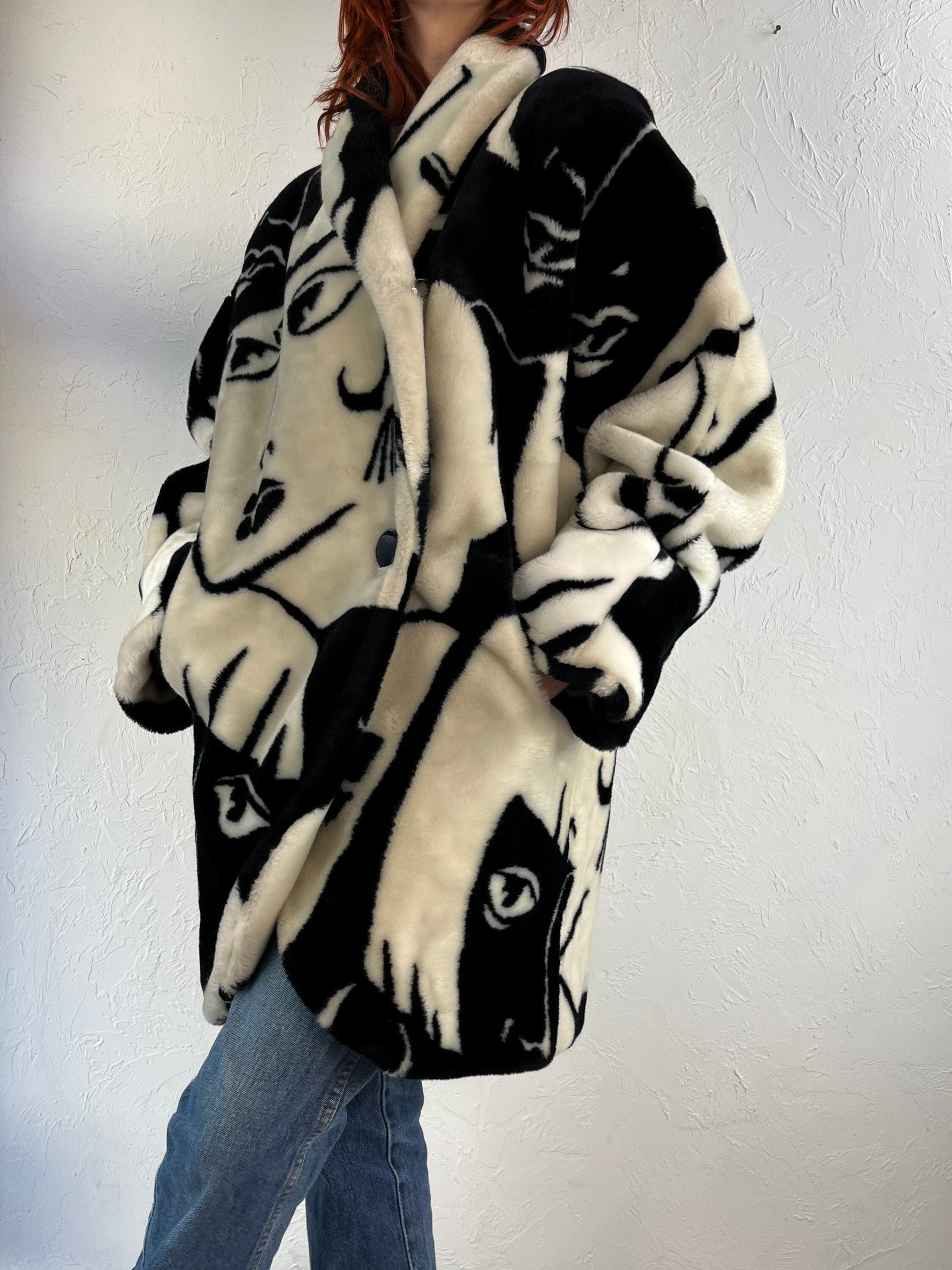 80s 'donny Brook' Faux Fur Art Deco Picasso Black and White 80s 'donny Brook' Faux Fur Art Deco Picasso Black and White