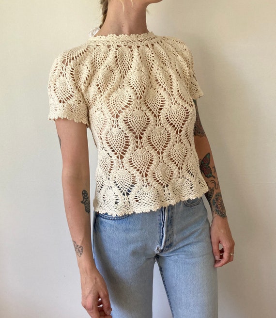 70s Macrame Top // 70s Handmade Boho Hippy Top //