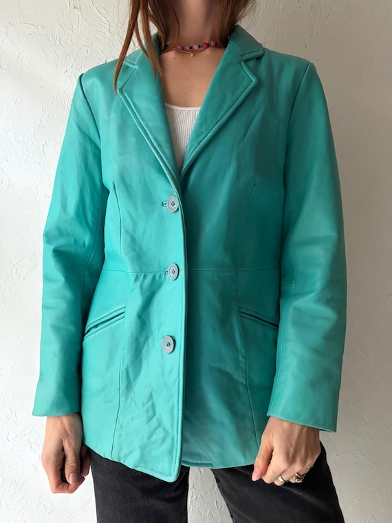 Y2k 'Bernardo' Turquoise Leather Blazer Style Jacket / Vintage 2000s Minimalist Jacket / Small