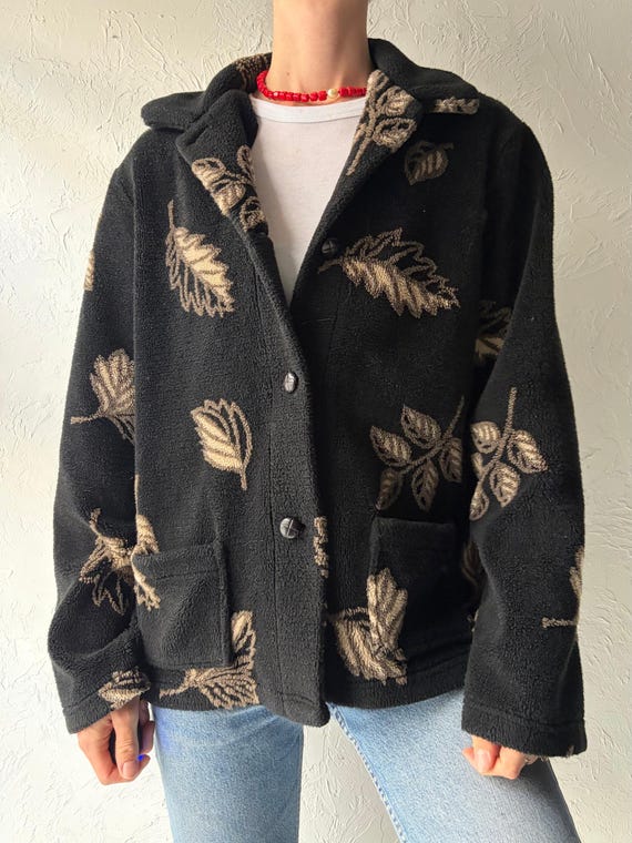 90s 'MIC' Black Leaf Fleece Jacket / Small