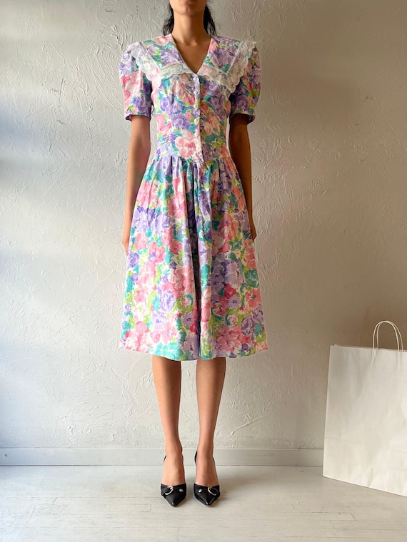 Vintage 90s 'joni Blair' Collared Floral Midi Dress / Small
