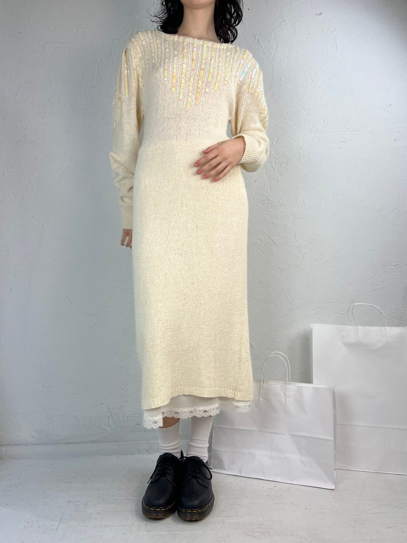 90s 'Raoul' Cream Knit Sequin Long Sleeve Sweater Dress / Small