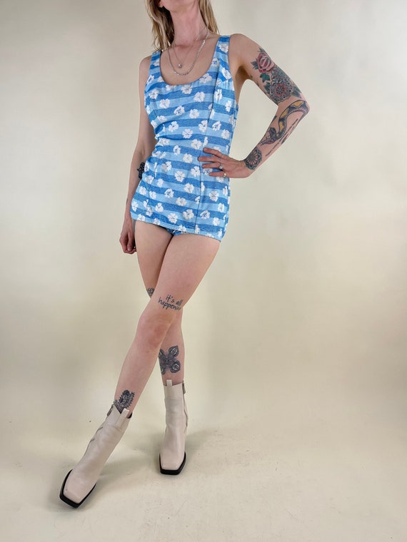 60s 70s Blue Floral Playsuit Swimsuit - image 1