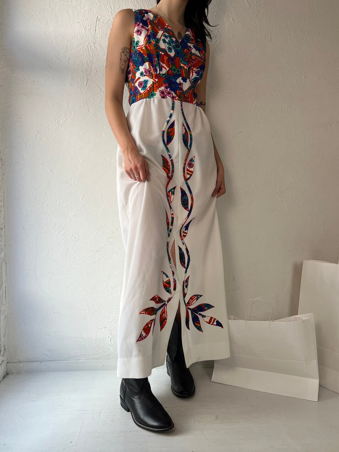 70s 'gina Rinaldi' White Retro Floral Maxi Dress / Medium - Etsy