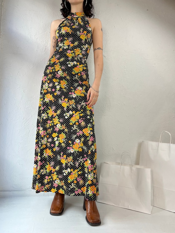 60s / 70s Union Made Black Floral Hippie Halter Maxi Dress