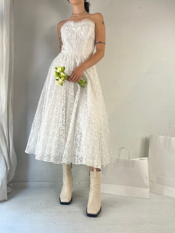 80s Handmade White Lace Strapless Wedding Dress /… - image 5