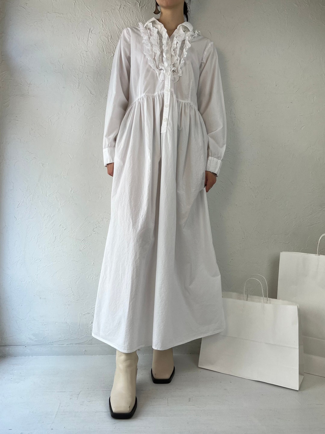 Y2K 'dressed in White' Long Sleeve Cotton Dress / XL Etsy