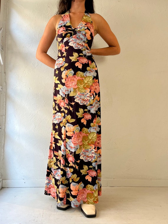70s Purple Floral Halter Maxi Dress / Small - Etsy