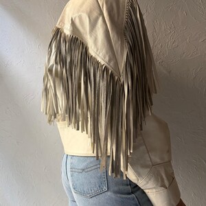 90s 'The Leather Ranch' White Leather Fringe Western Bomber Jacket / Vintage 1990s Retro Cowgirl Cropped Jacket / Small