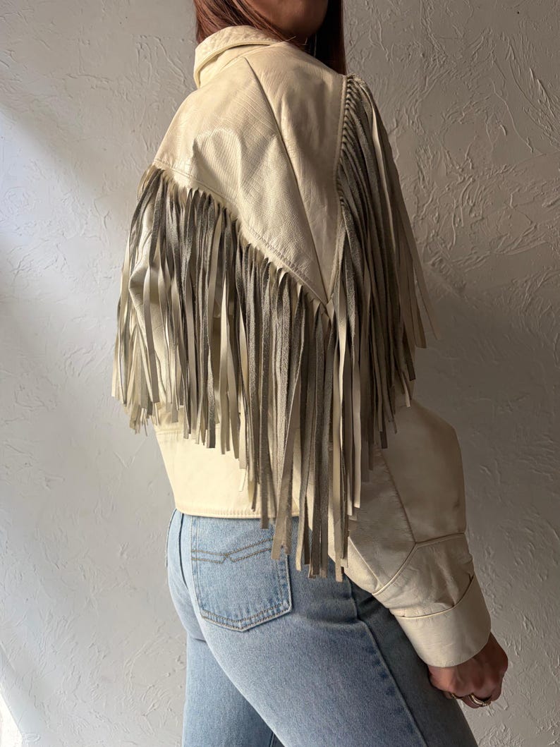 90s 'The Leather Ranch' White Leather Fringe Western Bomber Jacket / Vintage 1990s Retro Cowgirl Cropped Jacket / Small