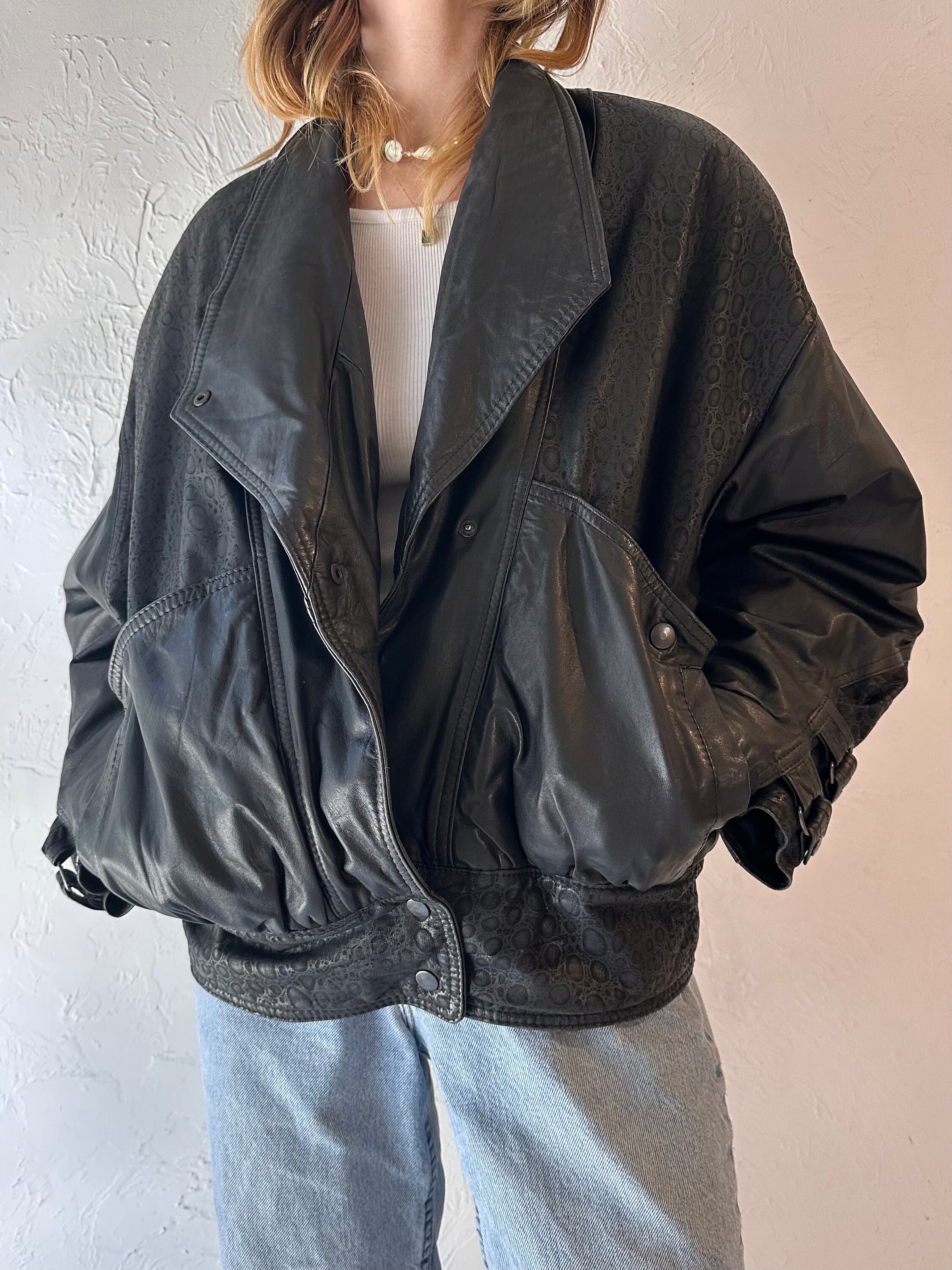 90s 'naj Orleari' Black Leather Bomber Jacket / Small - Etsy