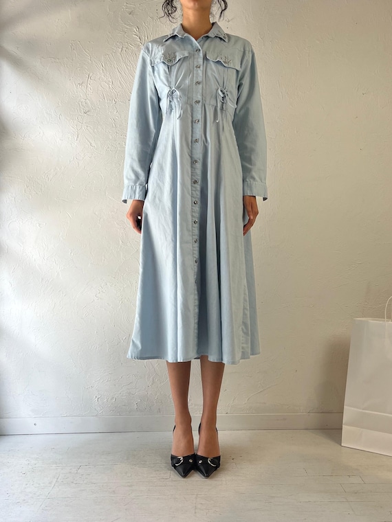 90s western dress 90s Dawn Joy Blue Button up Western Dress / Vintage 1990s Cowgirl Shirt  Dress / Small
