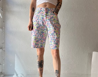 90s 'In Clothes' Floral Print Denim Shorts / Medium