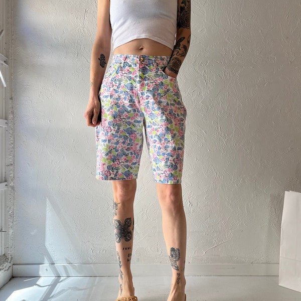 90s 'In Clothes' Floral Print Denim Shorts / Medium