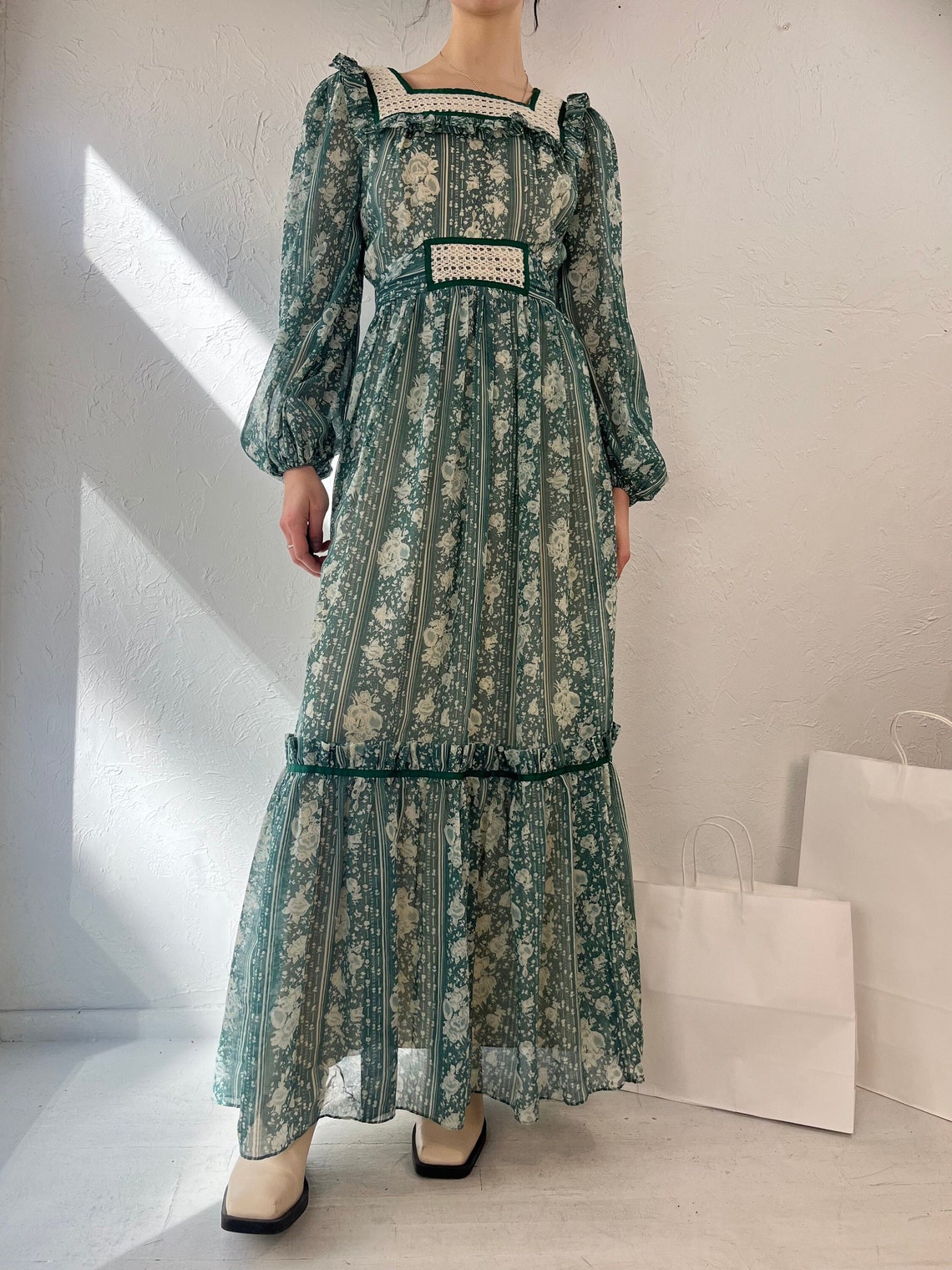 70s 'candi Jones' Green Romantic Cottage Core Peasant Prairie Maxi ...