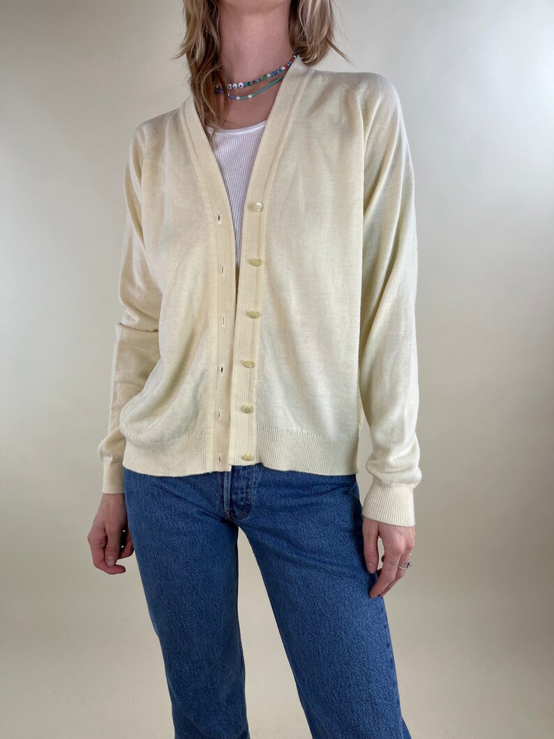 80s Pale Yellow Synthetic Knit Cardigan / Small image 1