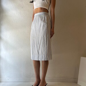 Vintage handgemaakte babyblauw gestreepte midi-rok met hoge taille / klein