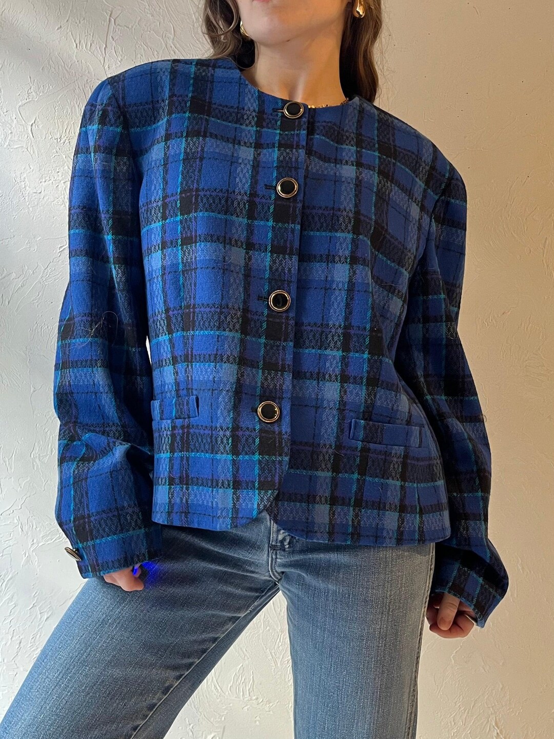80s 'pendleton' Blue Plaid Knit Wool Jacket / Large - Etsy