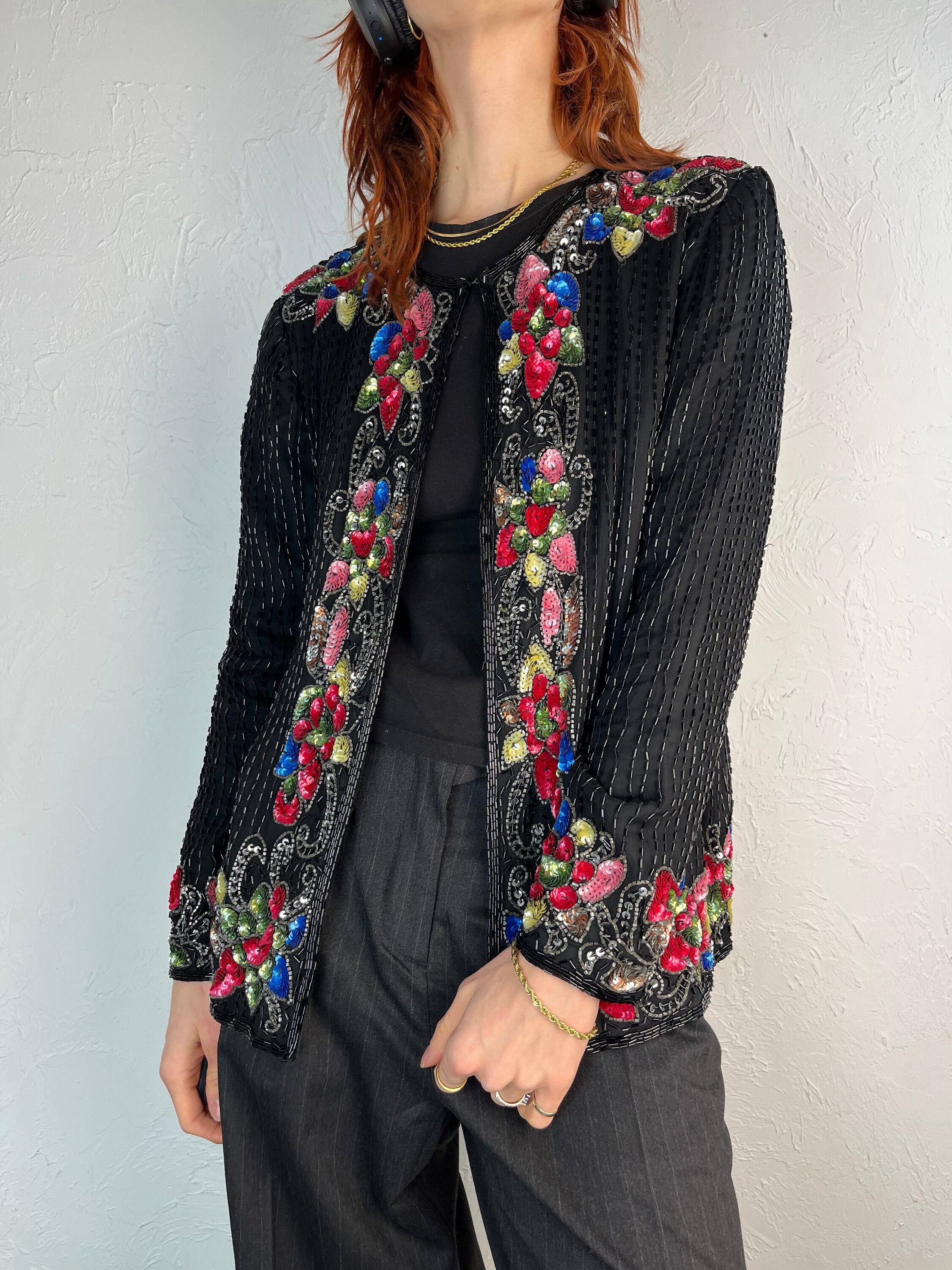90s 'silky Nites' Black Silk Sequin Beaded Evening Jacket / Small