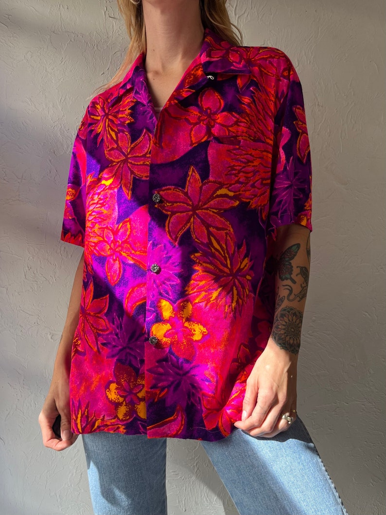 70s 'Tia' Pink Floral Button Up Shirt / Medium