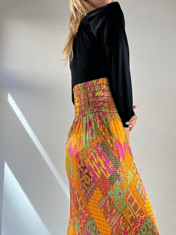 70s Black and Orange Retro Print Maxi Dress / Sma… - image 3