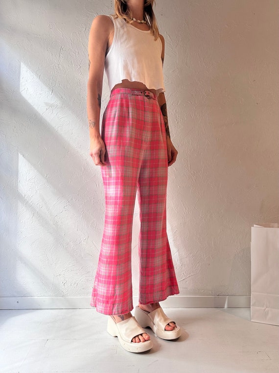70s Pink Plaid Wool Flare Pants / Small - image 2