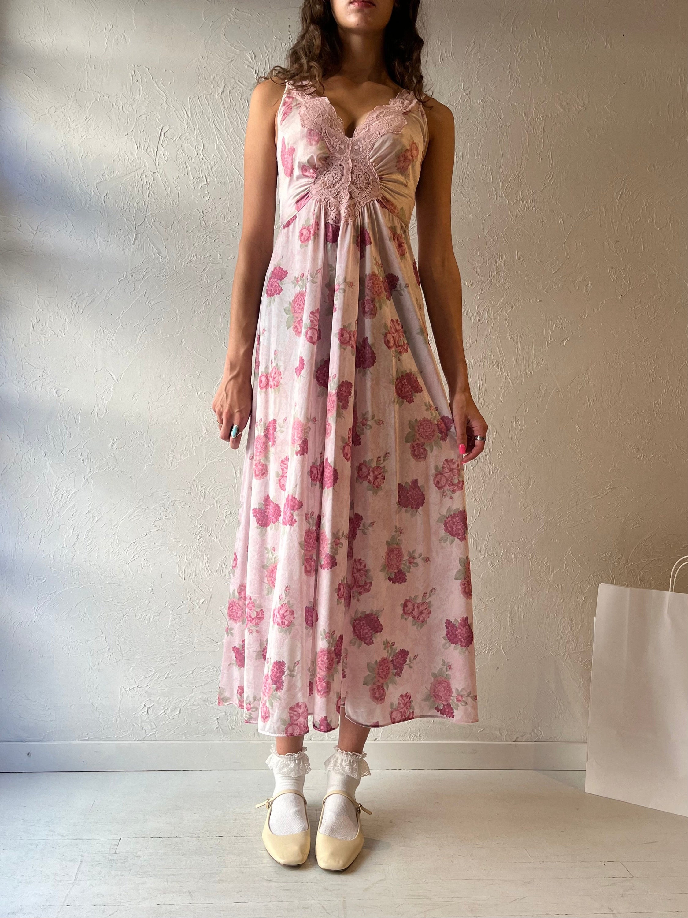 70s 'olga' Pink Floral Slip Maxi Dress / Vintage 1970s Romantic